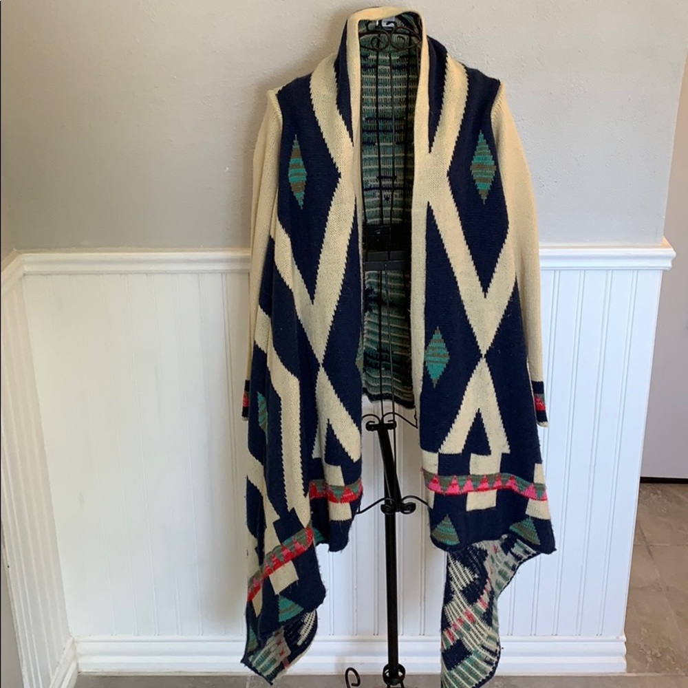 💚 Bella Blue/Beige AztecPatternOpenSweater WomenL